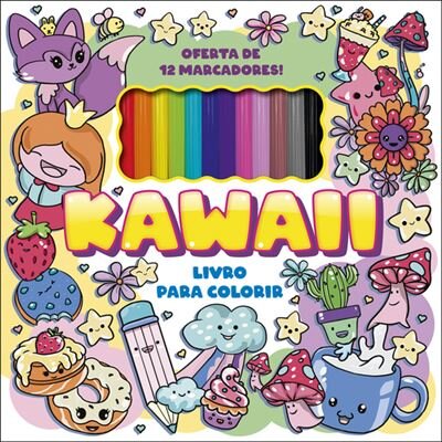 Kawaii - Livro para colorir - Oferta de 12 marcadores!